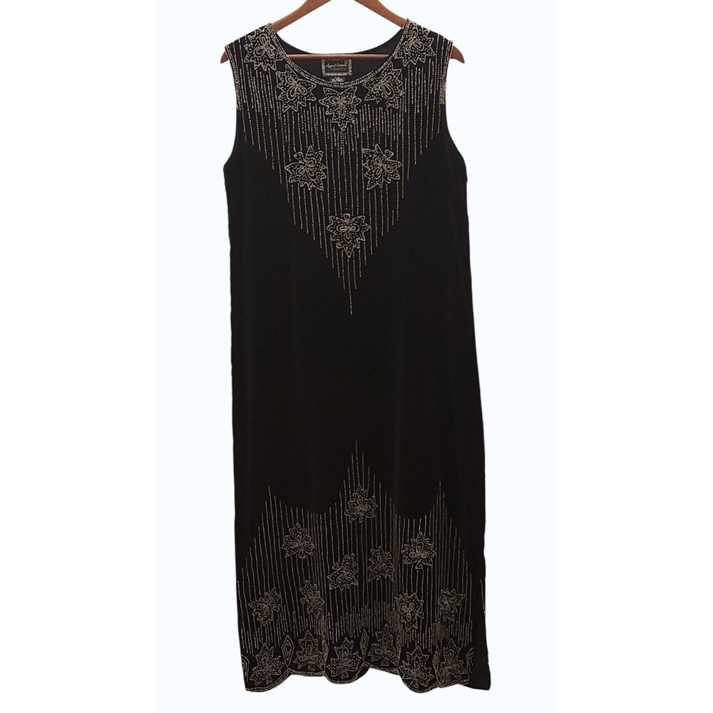 Vintage April Cornell Black Velvet Beaded Shift Dress Flapper Art Deco - S/M